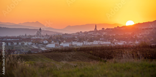 Panaoramic sunset view of Eisenstadt, Burgenland in Austria during golden hour