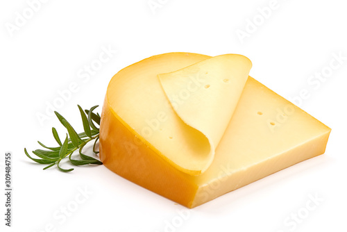 Hard Dutch gouda cheese, isolated on white background