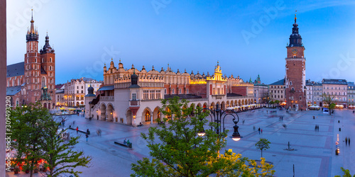 Aerial panorama of Medieval Main market square with Basilica of Saint Mary, Cloth Hall and Town Hall Tower in Old Town of Krakow at night, Poland