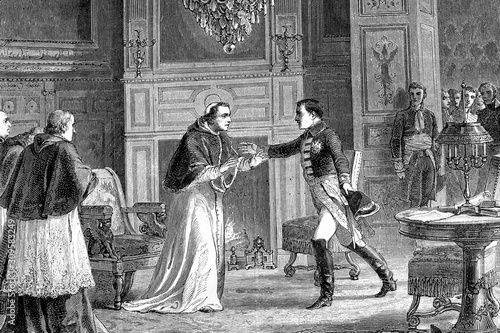 Napoleon visits Pope Pio VII in Fontainebleau, France. The Pope whom Napoleon kidnapped because he refused to give them papal states.Antique illustration. 1890.