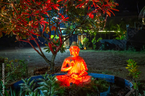 Beautiful Buddha statue in the night garden, Goa, India