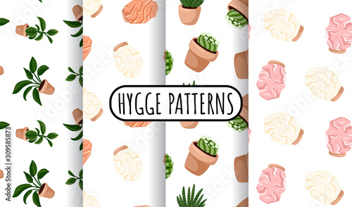 Hygge set of potted succulents plants and himalayan salt lamps seamless patterns. Cozy lagom scandinavian style texture background tiles