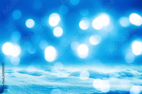 Snowy winter christmas background. Falling snow, snowflakes. Blurry bokeh lights