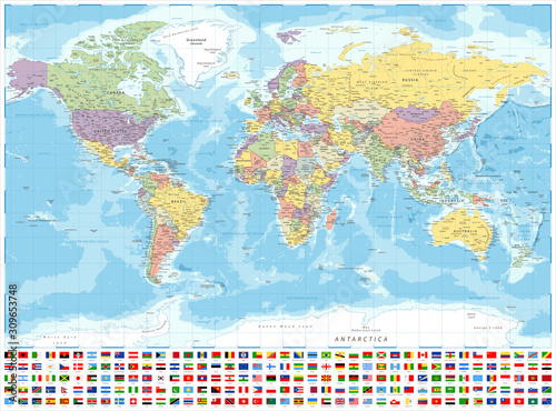 World Map Political and Flags - Vector Detailed Illustration
