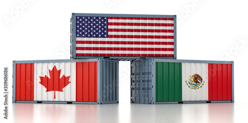 NAFTA - Freight container with USA, Canada and Mexico national flag - 3d Rendering