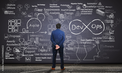 Software engineer observing software development processes on a blackboard