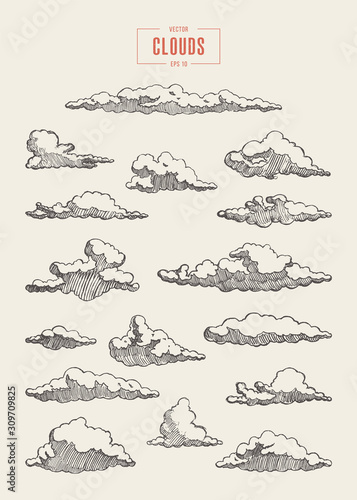 Set engraved style clouds drawn vector sketch