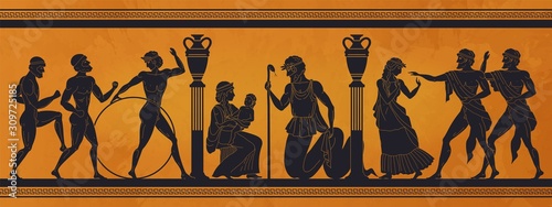 Ancient Greece mythology. Antic history black silhouettes of people and gods on pottery. Vector archeology pattern mythological culture on ceramics illustration