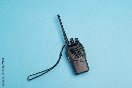 walkie-talkie isolated on blue background. Communication system. place for text. isolate.