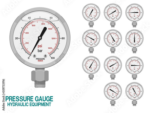 Isolated pressure gauge on white background.This hydraulic equipment is used for measuring pressure in the system