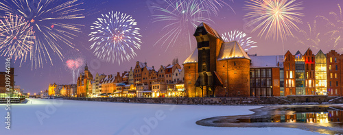 Happy New Year fireworks.Winter scenery in Gdansk at night, Poland, Europe.
