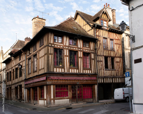 Coloured medieval half-timbered houses in the city of Troyes in France