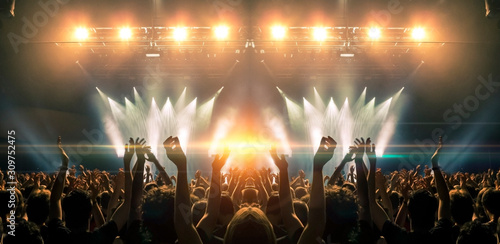 Photo of a concert hall with people silhouettes clapping in front of a big stage lit by spotlights. Shot is taken from concert crowd point of view, lens flare is visible.