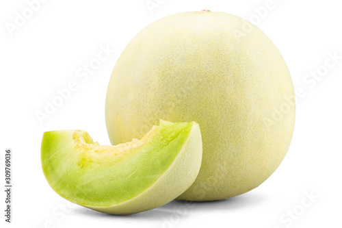 Fresh honey dew or melon slice fruit isolated on white background with clipping path