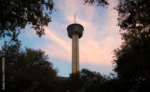 Tower in San Antonio through trees in front of beautiful sunset sky