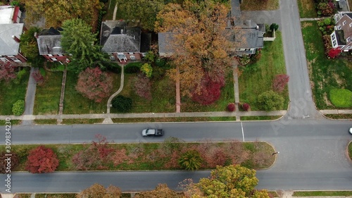 Suburban residential area with two lane road beneath alley of trees in colourful autumn foliage, fancy housing in luxurious neighbourhood, traditional architecture and design, aerial view
