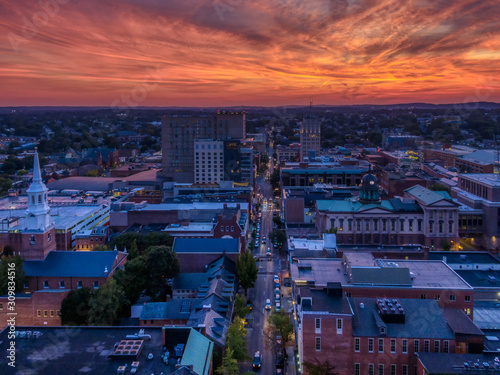 Downtown area in dramatic sunset, aerial view of Lancaster, Pennsylvania