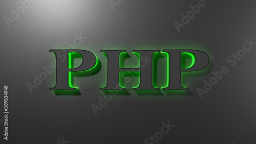 PHP black write with green backlight, on black surface - 3D rendering illustration