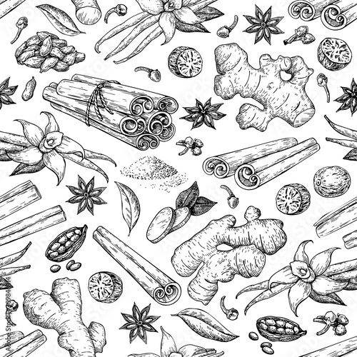 Winter spice seamless pattern, vector drawing. Flavoring seeds and herbs for christmas food