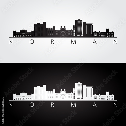 Norman, Oklahoma USA skyline and landmarks silhouette, black and white design, vector illustration.