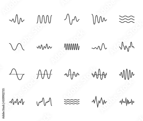 Sound waves flat line icons set. Vibration, soundwave, audio voice signal, abstract waveform frequency vector illustrations. Outline pictogram for music app. Pixel perfect 64x64. Editable Strokes