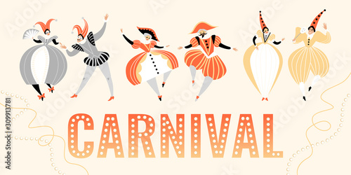 Carnival banner with funny characters in traditional Italian costumes and headdresses.