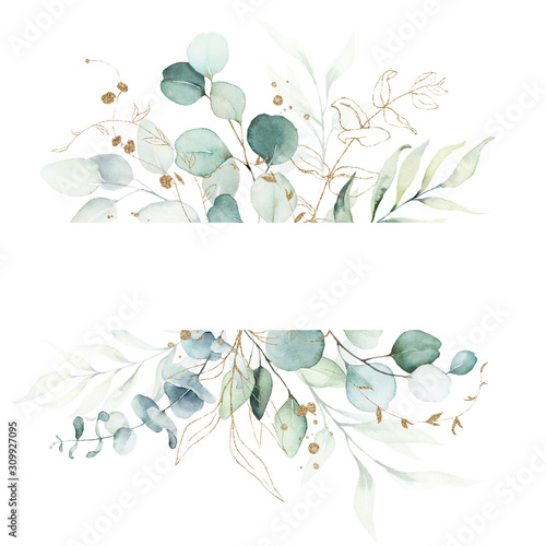 Watercolor floral illustration - green and gold leaf frame / border, for wedding stationary, greetings, wallpapers, fashion, background. Eucalyptus, olive, green leaves, etc.
