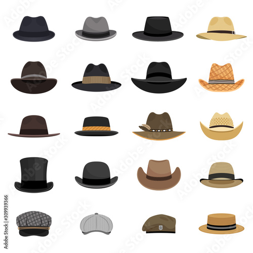Different male hats. Fashion and vintage man hat collection vector image, derby and bowler, cowboy and peaked cap, tyrolean and summer straw hat, military beret