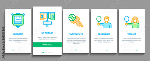 Tennis Game Equipment Onboarding Mobile App Page Screen. Racket And Tennis Field, Cup And Tracksuit, Ball Basket And Player Concept Illustrations