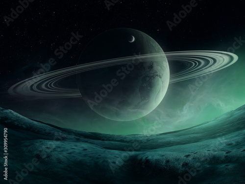 fantasy space landscape, planet with rings on alien landscape night sky, 3d illustration