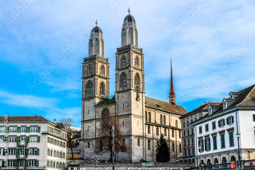 The Grossmünster, a Romanesque-style Protestant church. Zurich, Switzerland