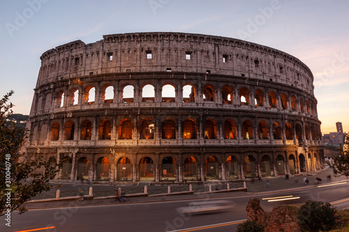Rome Colosseum in the early twilight with illumunated, Italy