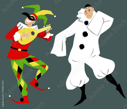 Harlequin and Pierrot of Commedia dell'arte characters, EPS 8 vector illustration