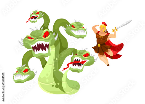 Hydra and Hercules flat vector illustration. Hero attacking mythological monster. Greek mythology. Twelve labors of Herakles. Fight with beast isolated cartoon character on white background