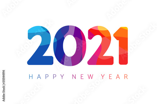 Happy New Year 2021 colorful facet logo text design. Cover of business diary for 2021 with wishes. Brochure design template, Xmas card, sale banner. Vector Christmas illustration on white background