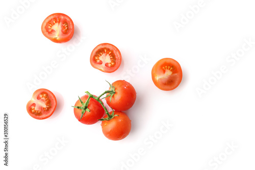 Red ripe cherry tomatoes isolated on white background. Top view