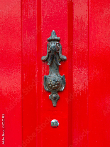 Close-up of peephole against red door, Sligo, County Sligo, Ireland