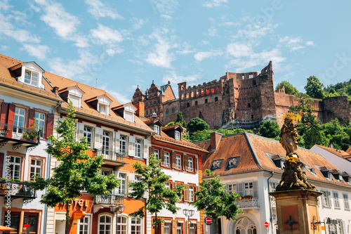 Old town Kornmarkt square and Heidelberg castle in Heidelberg, Germany