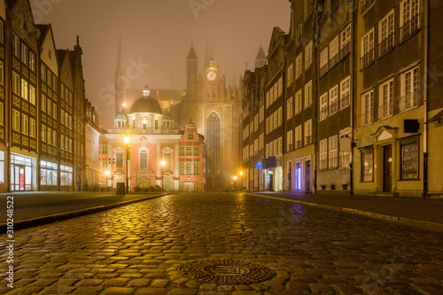 Grobla I street with the Royal Chapel and St. Mary's Basilica, historic religious buildings in the Old Town of Gdansk. Poland, Europe