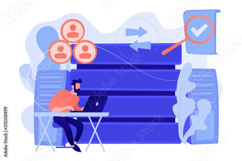 Developer working with management information system. Information system security and integrity, big data, financial information organization concept. Vector isolated illustration.