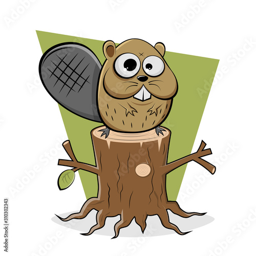 funny cartoon illustration of a beaver sitting on a tree stump