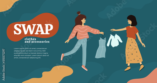 Girls exchange dress and shirts on hangers. Swap clothes and accessories. Flea market, shop or party of exchange old wardrobe for new. Template for banner, poster, layout, flyer. Vector illustration.