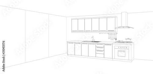 sketch of modern kitchen interior design, 3d rendering