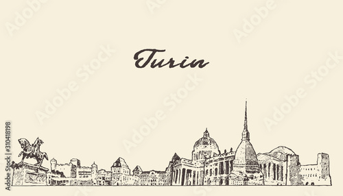 Turin skyline, Italy, hand drawn vector sketch