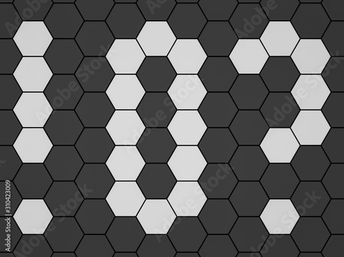 White number 0, question mark and exclamation mark in black hexagonal grid pattern 3d rendering, 3d illustration