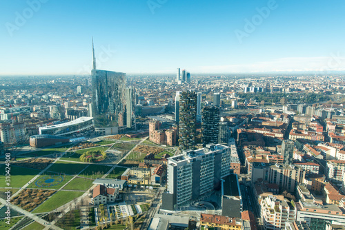 Milan cityscape, panoramic view with new skyscrapers in Porta Nuova district. Italian landscape.