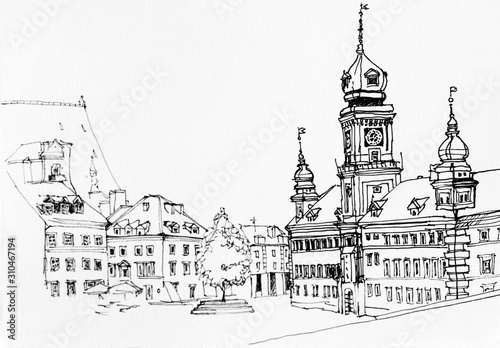Lineart ink drawing of Warsaw main square landscape, old town view illustration, Poland