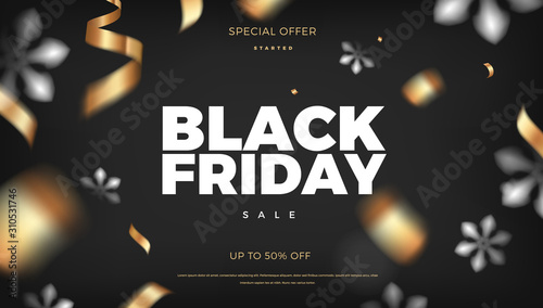 Winter sale black background with snowflakes, golden ribbon and Black Friday text vector template