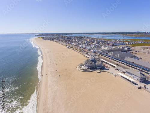 Hampton Beach aerial view including historic waterfront buildings on Ocean Boulevard and Hampton Beach State Park, Town of Hampton, New Hampshire NH, USA.