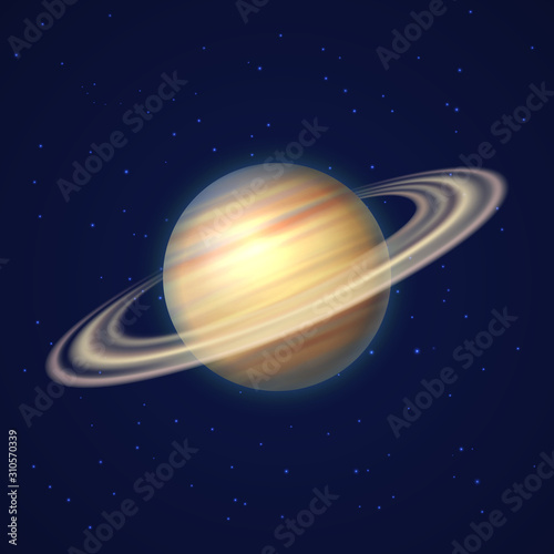 Saturn planet with rings of gas on deep transparent background. Sixth planet of solar system. Galaxy discovery and exploration. Realistic cosmic vector illustration for school education materials.